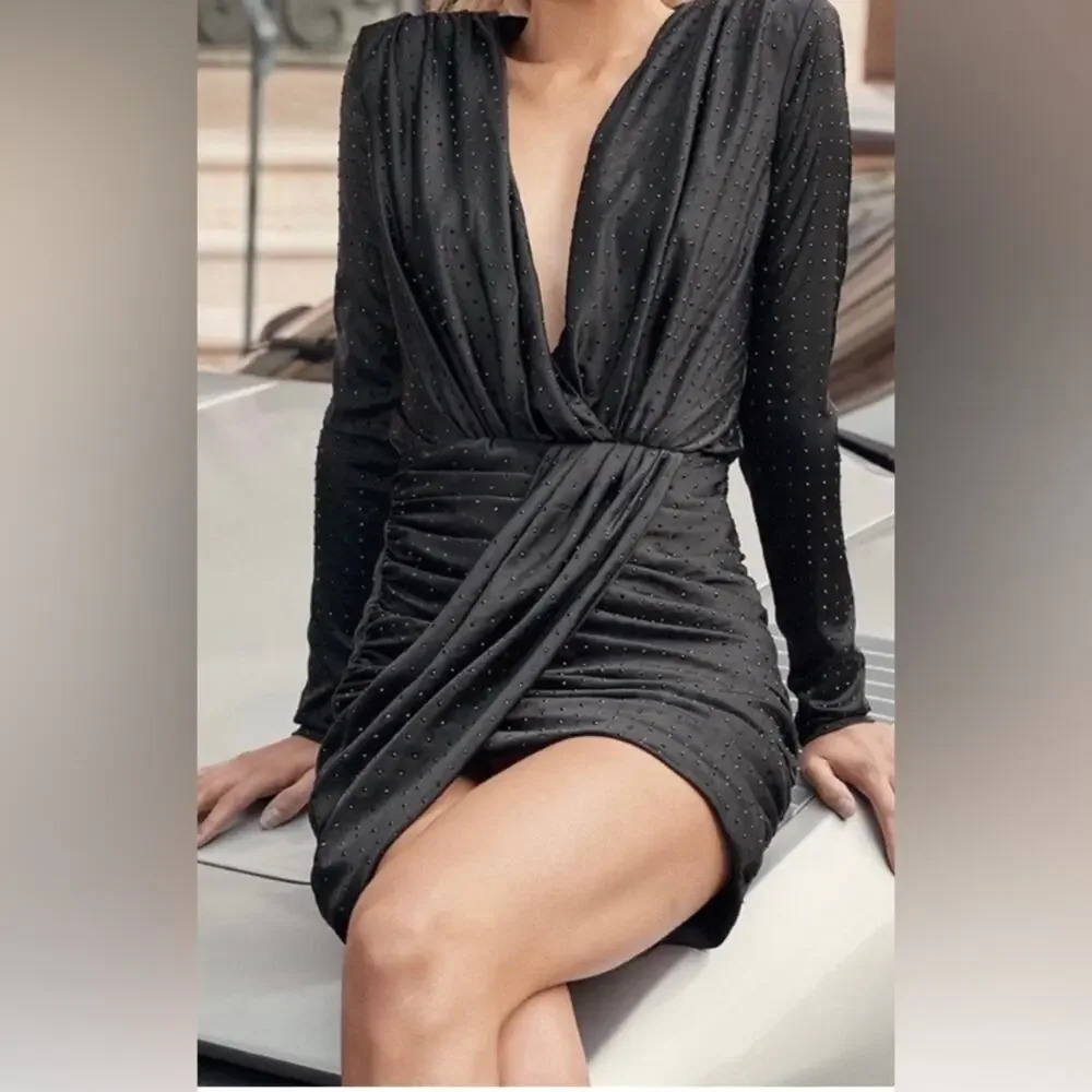 House of CB Tatja Deep V Crystal Studded Mini Dress Black Size Small